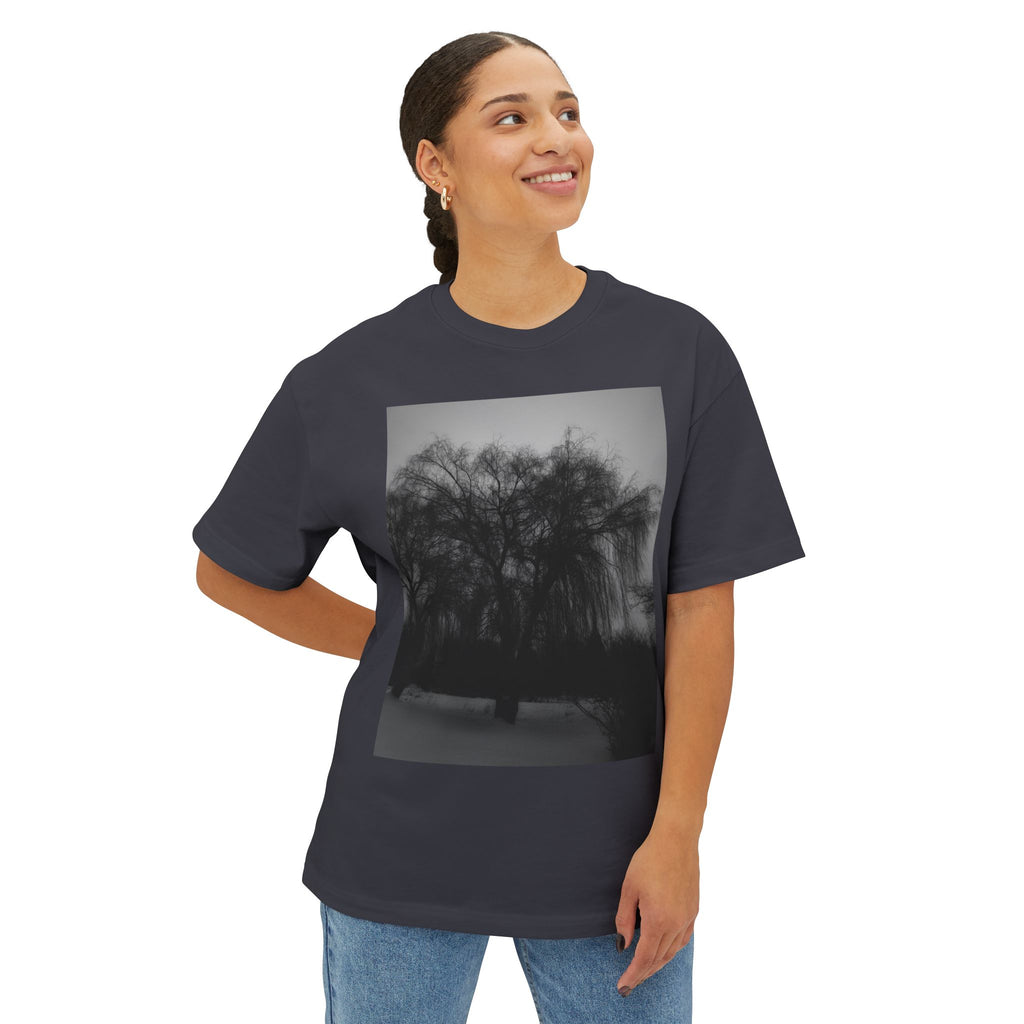 Black & White Willow Photo Tee — Moody Nature Oversized T-Shirt