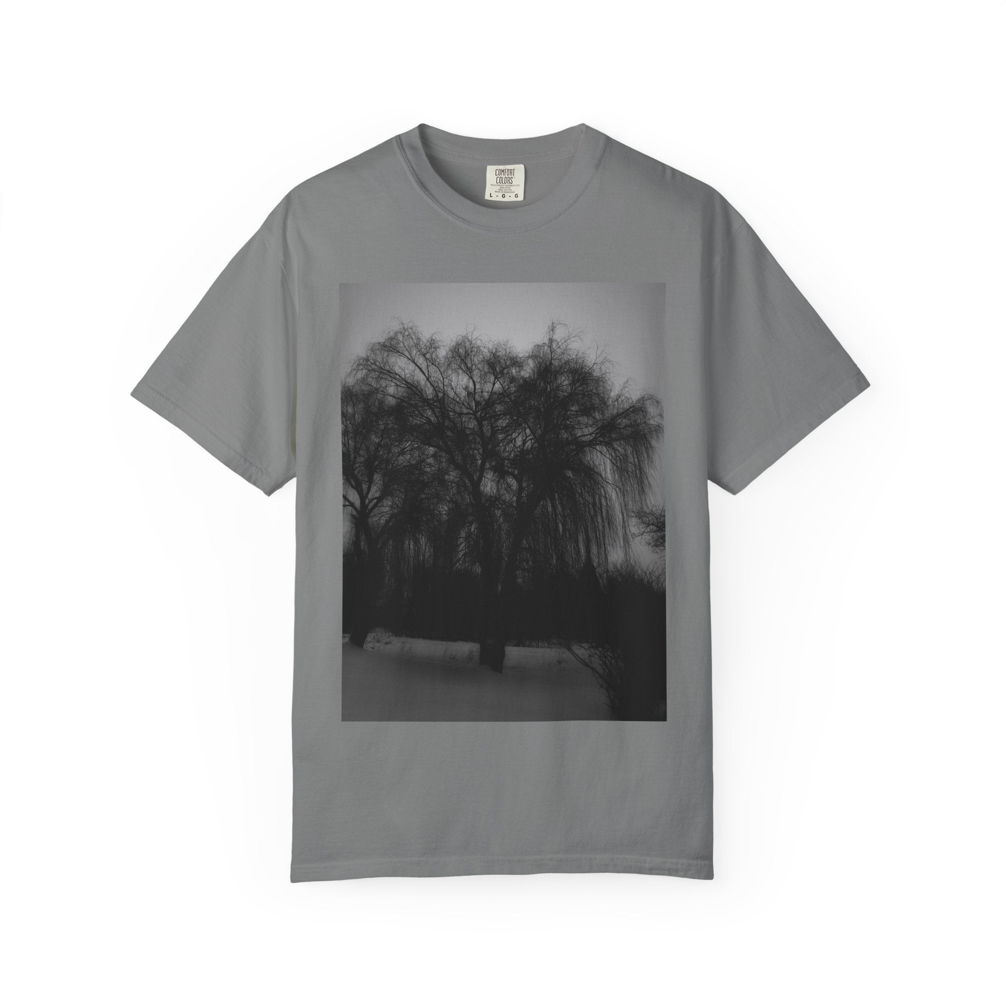 Misty Willow Tree Photo T-shirt | Black & White Landscape Tee