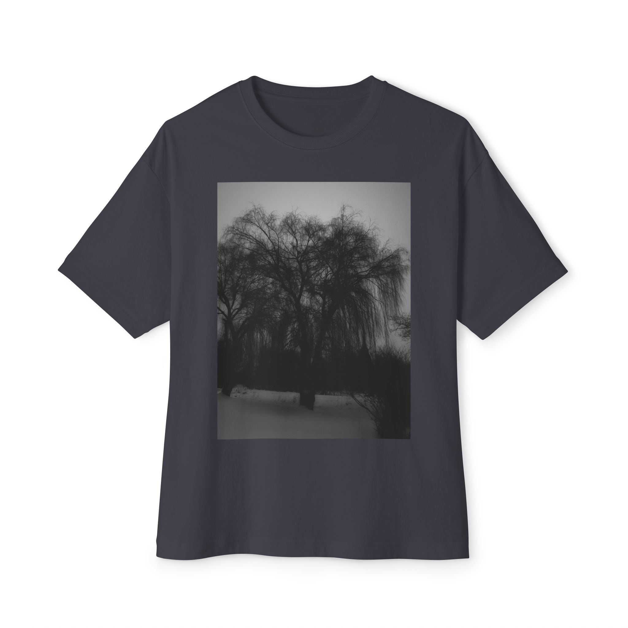 Black & White Willow Photo Tee — Moody Nature Oversized T-Shirt