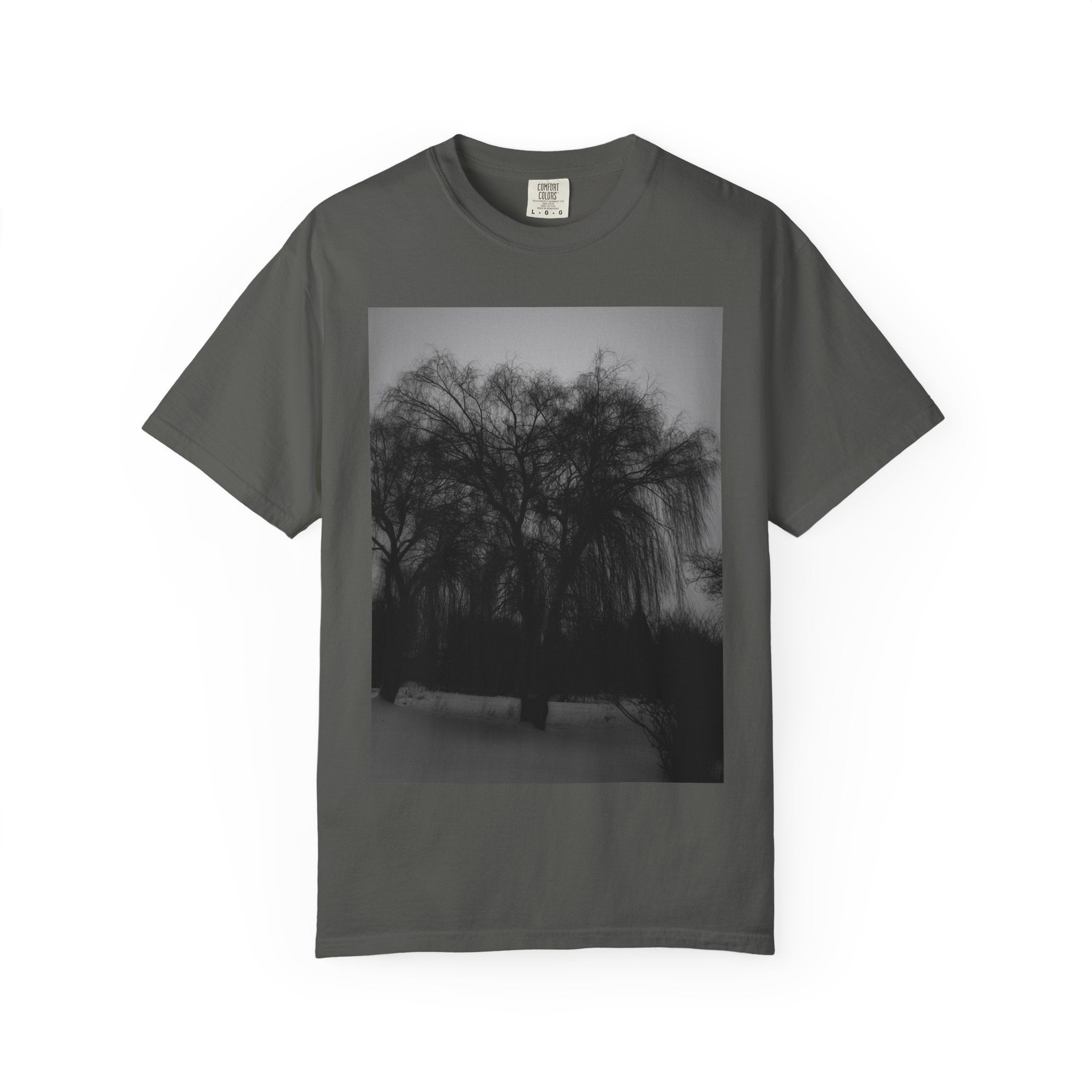 Misty Willow Tree Photo T-shirt | Black & White Landscape Tee