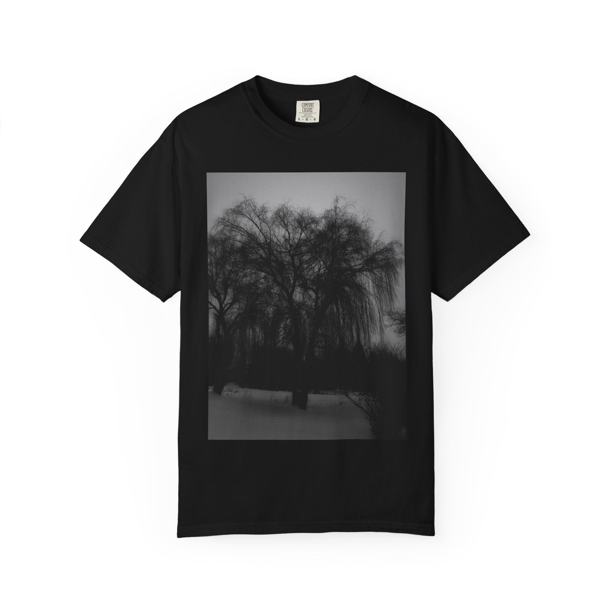 Misty Willow Tree Photo T-shirt | Black & White Landscape Tee