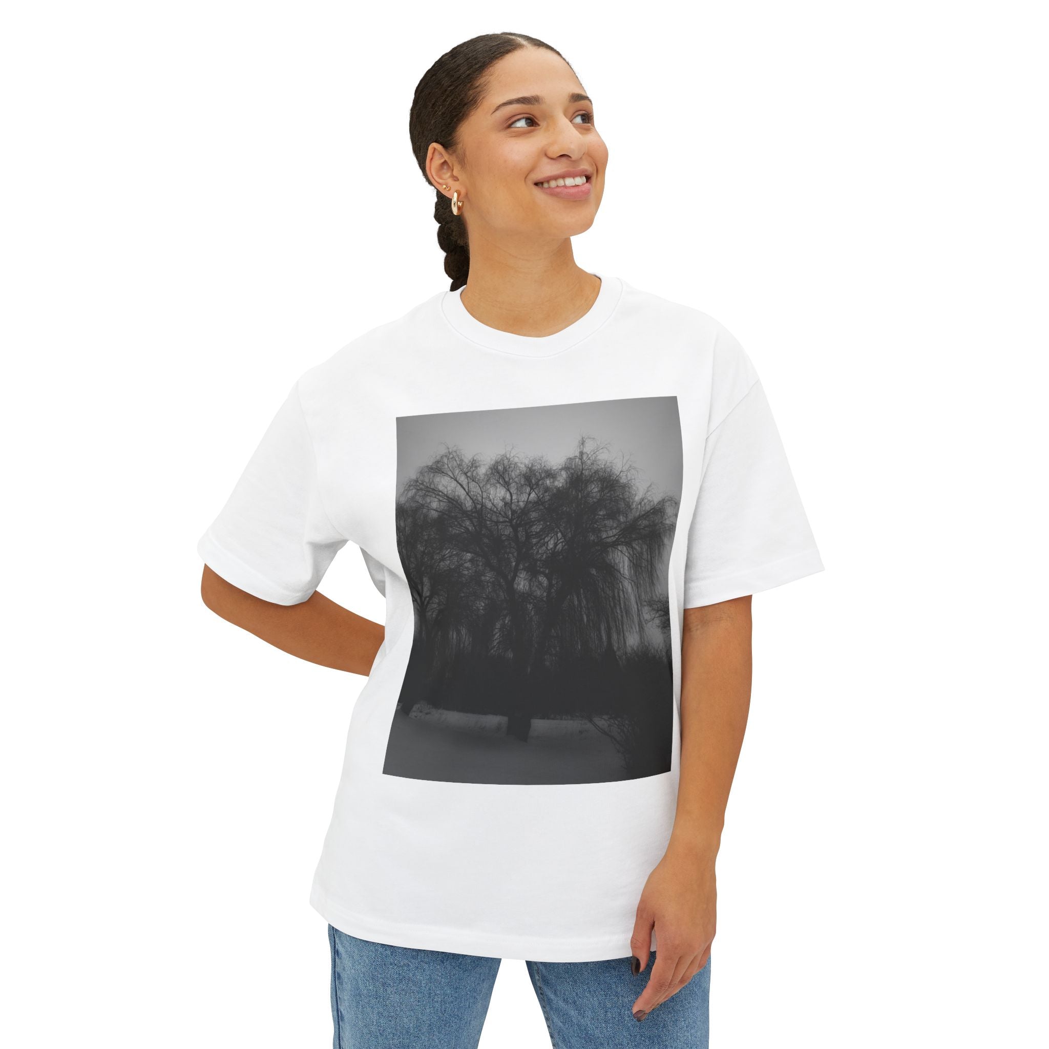 Black & White Willow Photo Tee — Moody Nature Oversized T-Shirt