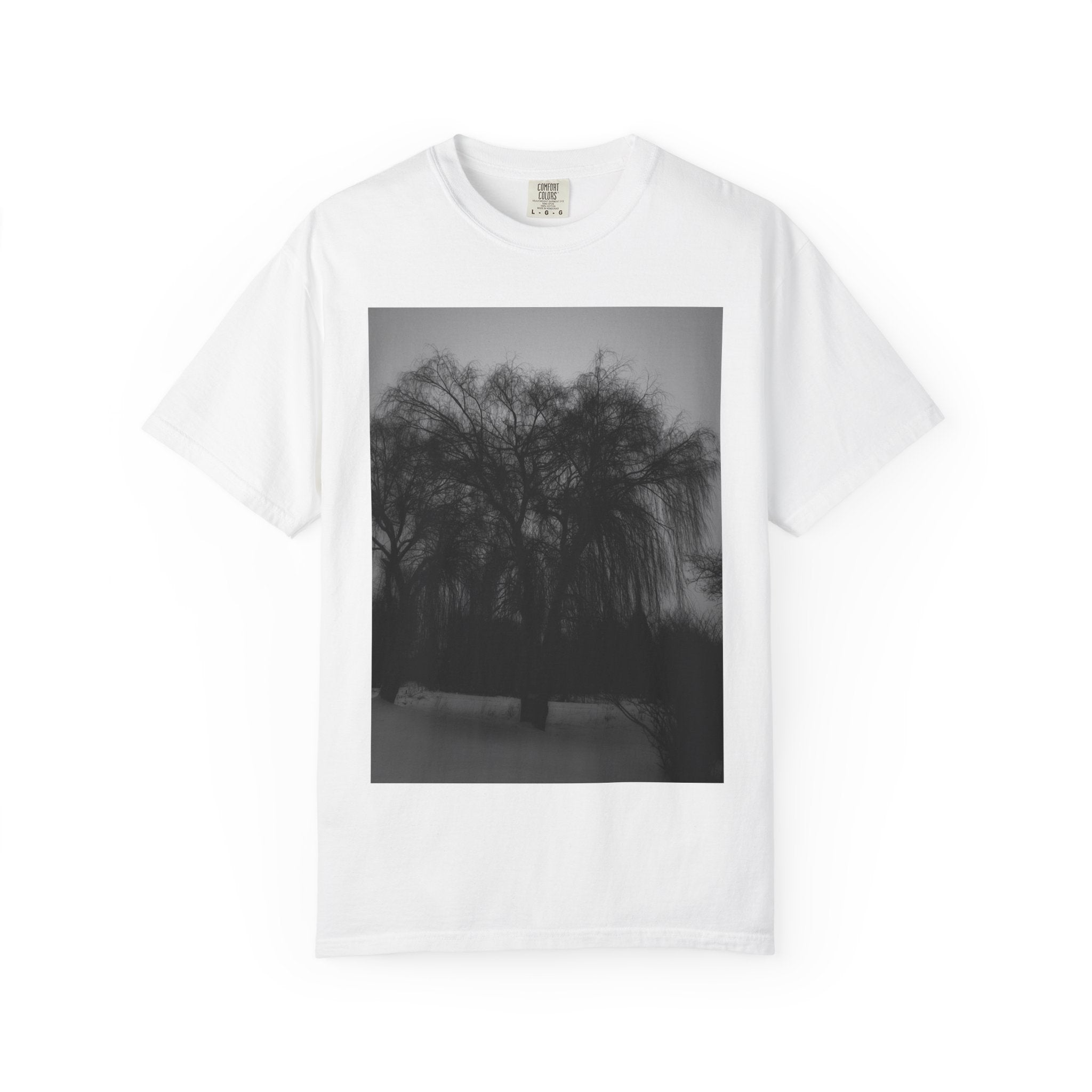 Misty Willow Tree Photo T-shirt | Black & White Landscape Tee