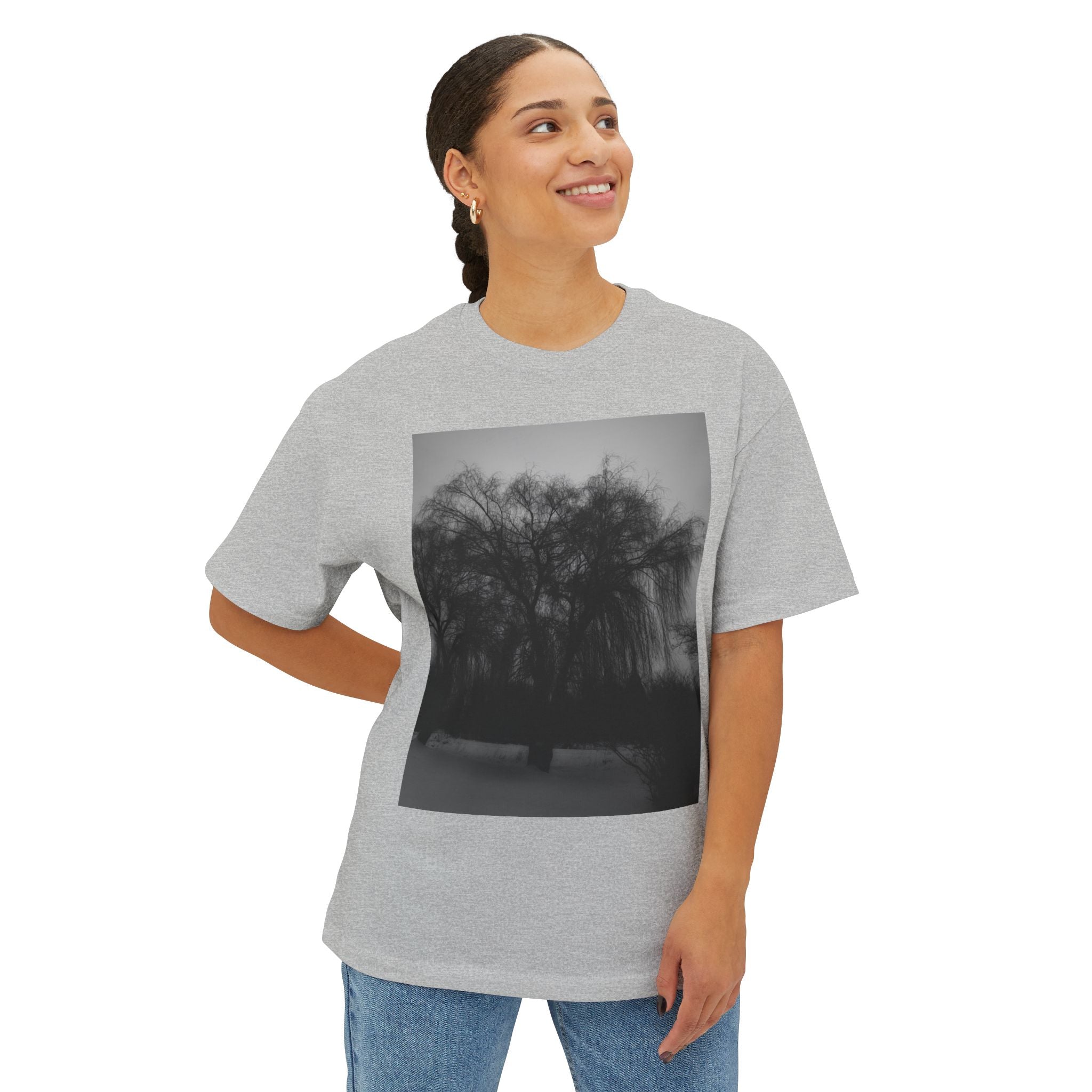 Black & White Willow Photo Tee — Moody Nature Oversized T-Shirt