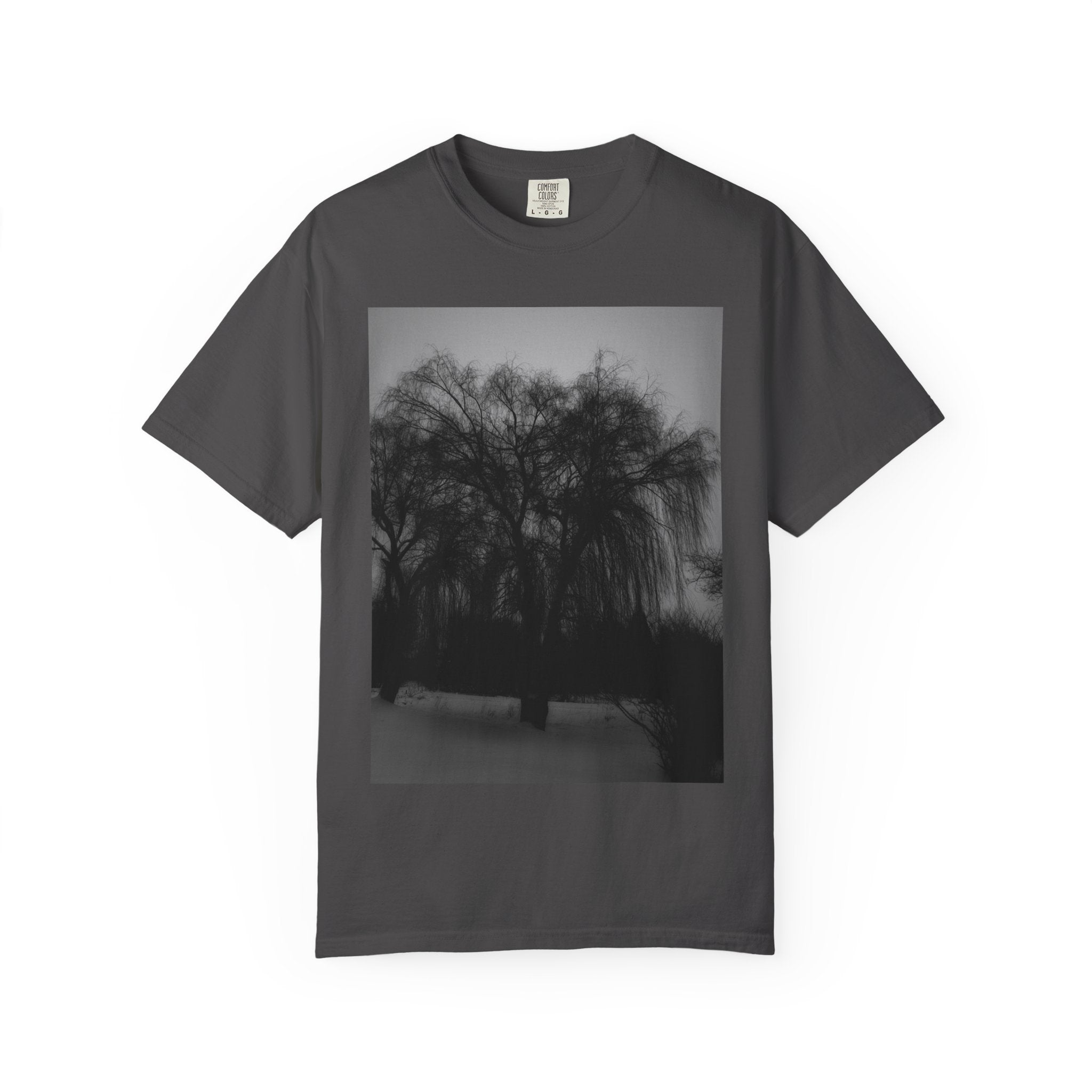 Misty Willow Tree Photo T-shirt | Black & White Landscape Tee