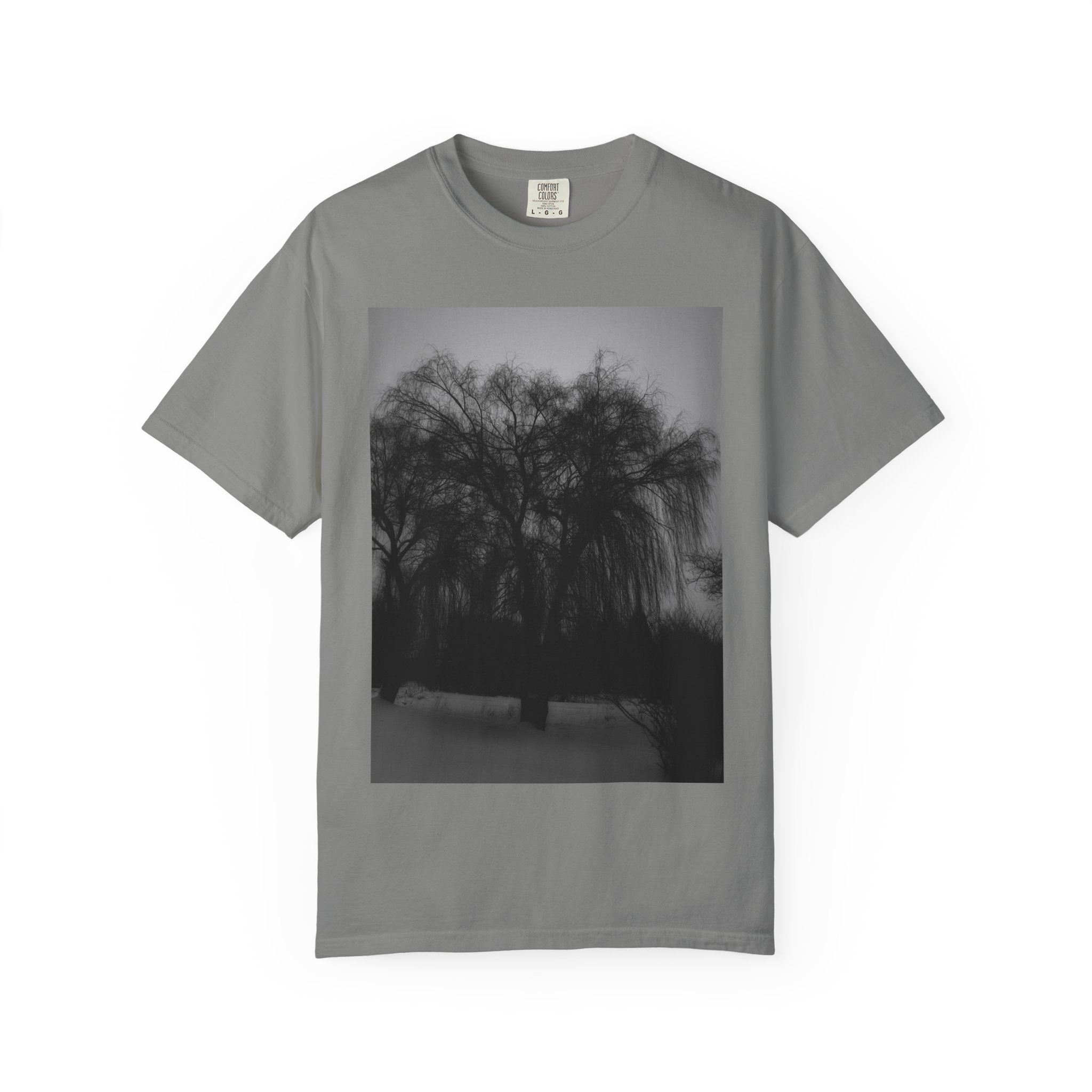 Misty Willow Tree Photo T-shirt | Black & White Landscape Tee