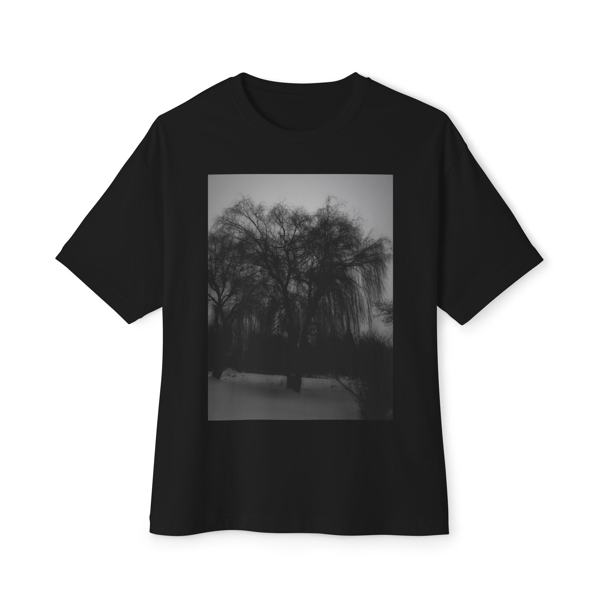 Black & White Willow Photo Tee — Moody Nature Oversized T-Shirt