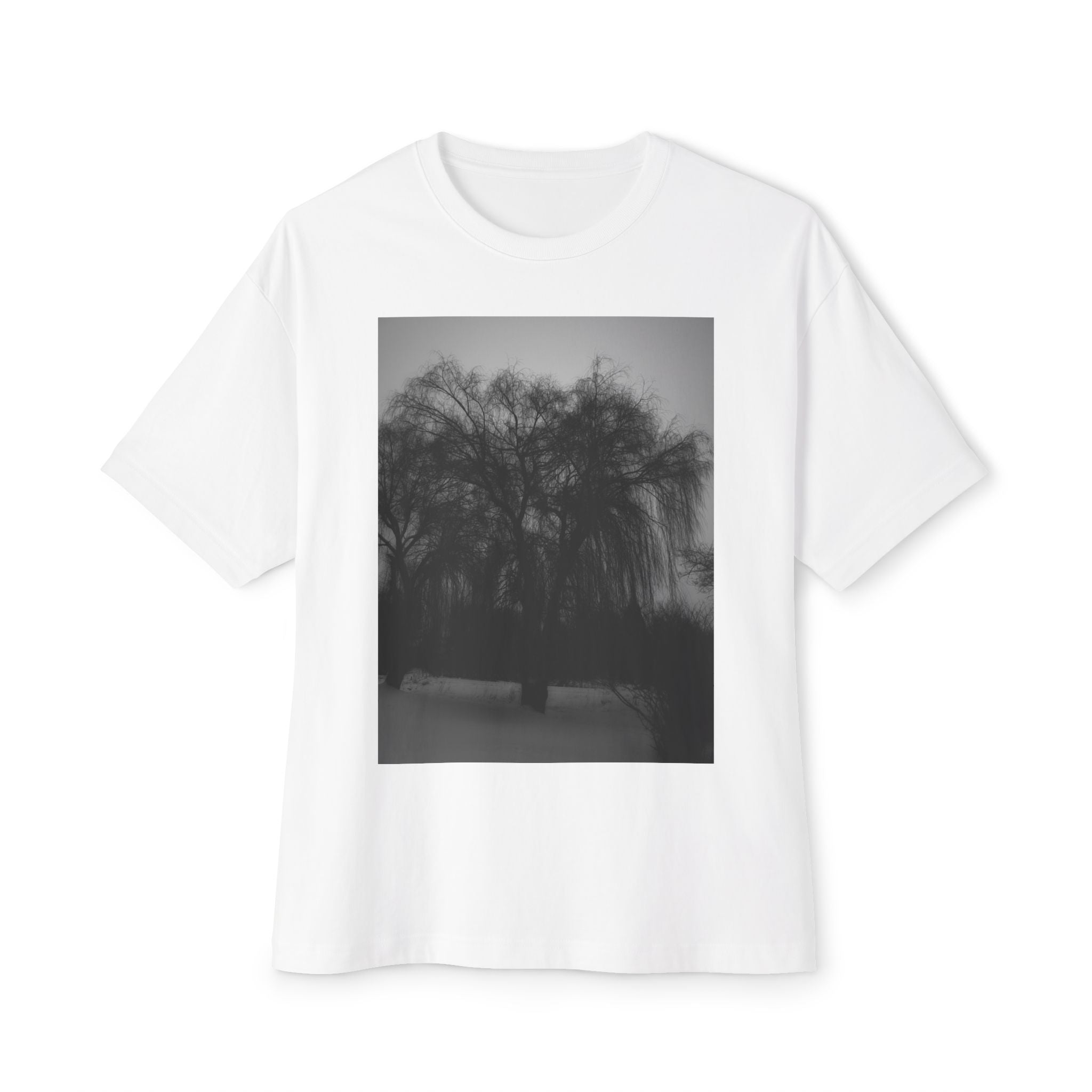 Black & White Willow Photo Tee — Moody Nature Oversized T-Shirt