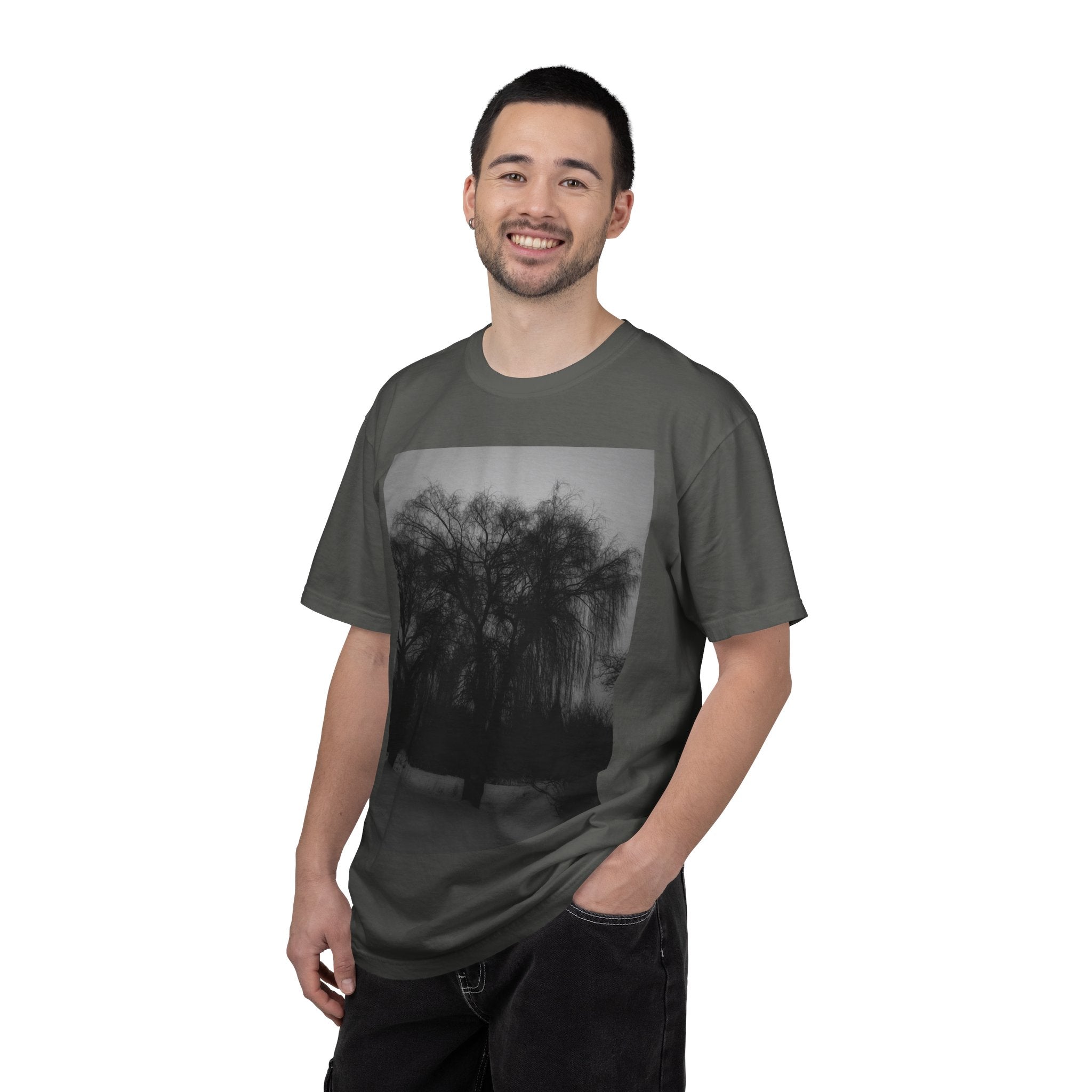 Misty Willow Tree Photo T-shirt | Black & White Landscape Tee