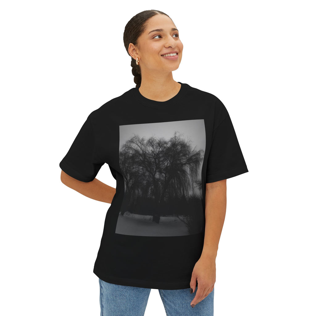Black & White Willow Photo Tee — Moody Nature Oversized T-Shirt